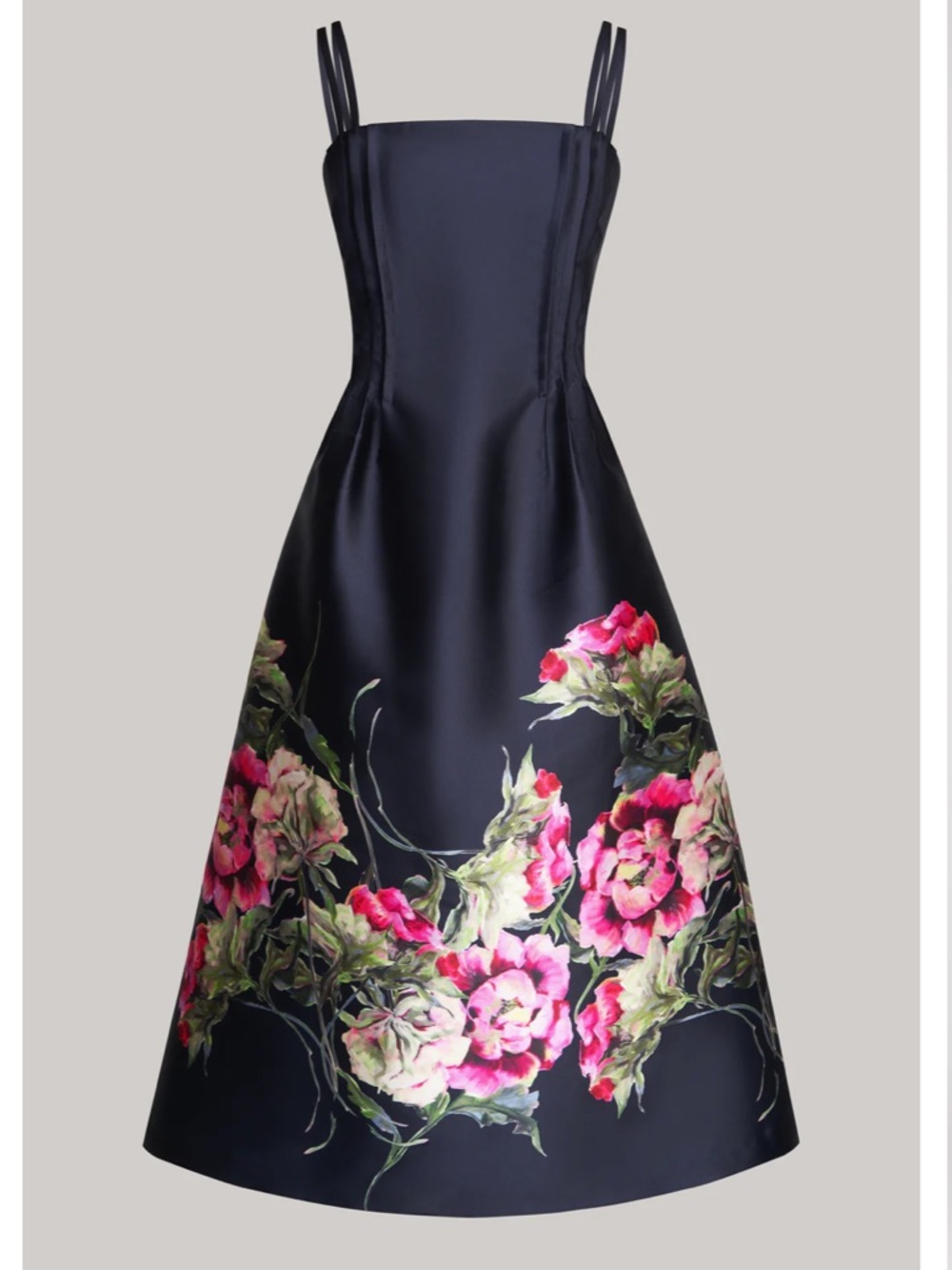 Kay Unger Margot Midnight Blue Tea-Length Skirt with Pink Floral Border